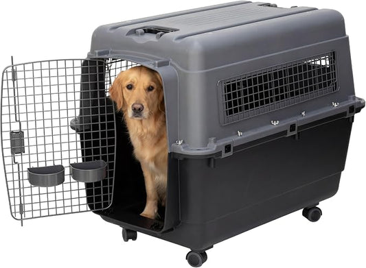SportPet Airline Compliant X-LARGE 35.5" Travel Dog Kennel-Durable Plastic Airline Pet Carrier w/Removable Wheels & Food Bowls, Collapsible Indoor/Outdoor Dog Kennel, Dogs up to 32"L & 23"H-Dark Gray
