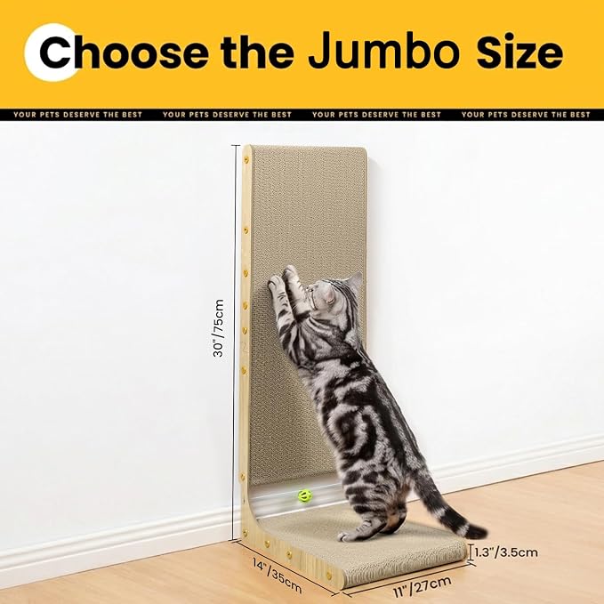 Conlun Cardboard Cat Scratcher,30" L-Shaped Scratch Pad Wall Mounted,Vertical Scratching Post Durable Cardboard to Protect Furniture for Indoor Cats,Wood Grain Junbo