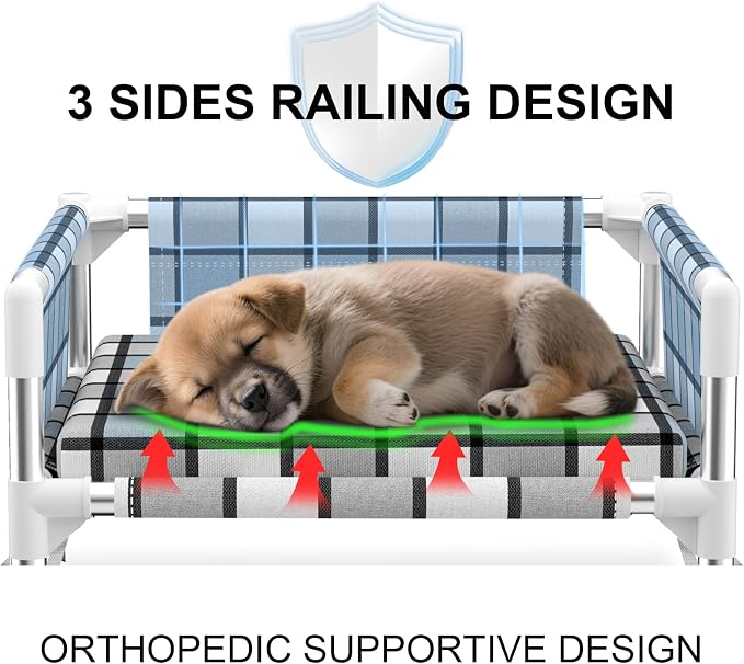 Elevated Dog Bed with with Guardrail & Cushion, Raised 3-Fence Dog Bed | Breathable Lifted Stainless Steel Frame Dog Hammock Bed with Mat for Small Pets, Cooling Washable Dog Cot