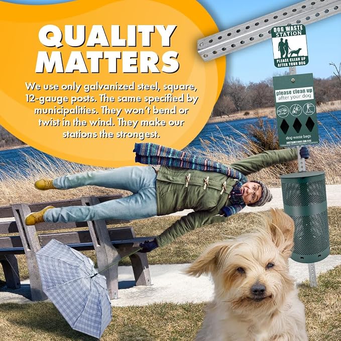 Zero Waste USA® Aluminum Dog Waste Station with ONEpul® Bags, Matte Green | Rust-proof aluminum dog waste station with ONEpul® pull-strap bags, one-at-a-time dispensing, less waste & easier maintenance