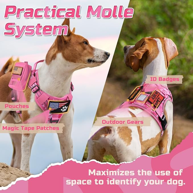rabbitgoo Tactical Dog Harness for X-Large, No Pull Military Service Vest | Molle & Handle, Heavy Duty, Adjustable, Reflective Straps, Easy Control for Training Walking, Pink camo, X-Large