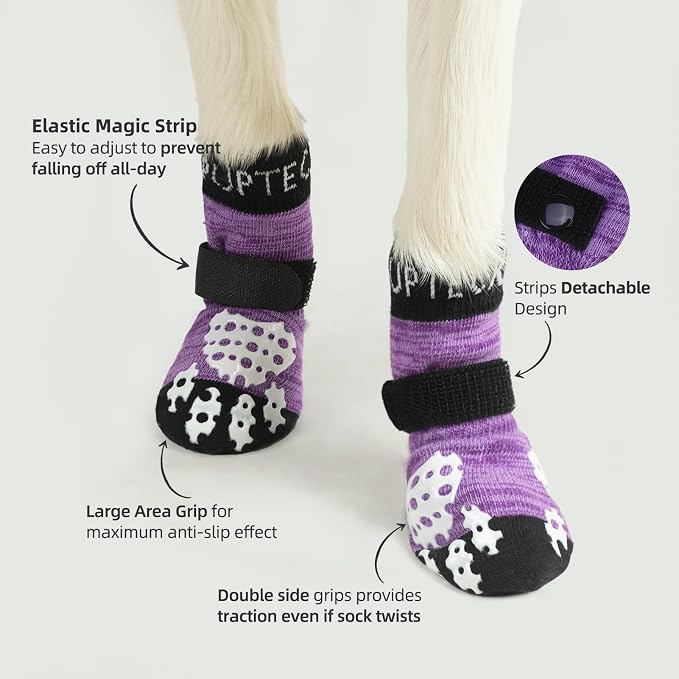 PUPTECK Anti-Slip Dog Socks with Double Sides Grips for Small Medium Large Dogs Hardwood Floors Prevents Licking, Dog Shoes for Hot Pavement Traction Control Paw Protector for Senior Dogs, Purple L