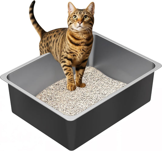 Ohtomber Stainless Steel Litter Box - High Sided Metal Cat Litter Box Pan, Never Absorbs Smell, Easy to Clean Non Stick Cat Litterbox Tray Toilet Pet Supplies for Indoor Kitty, Kitten, Rabbit, Puppy