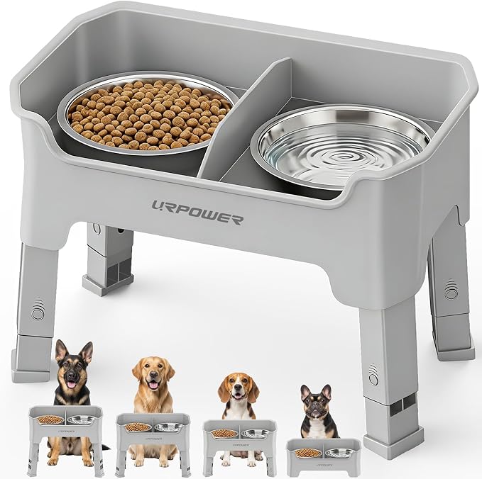 URPOWER Mess Proof Elevated Dog Bowls, Splash Guard Raised Bowl Stand | 4 Adjustable Heights, 2 Stainless Steel Bowls, Food & Water Separation, Foldable Design Non-Slip for Small Medium Large Dogs