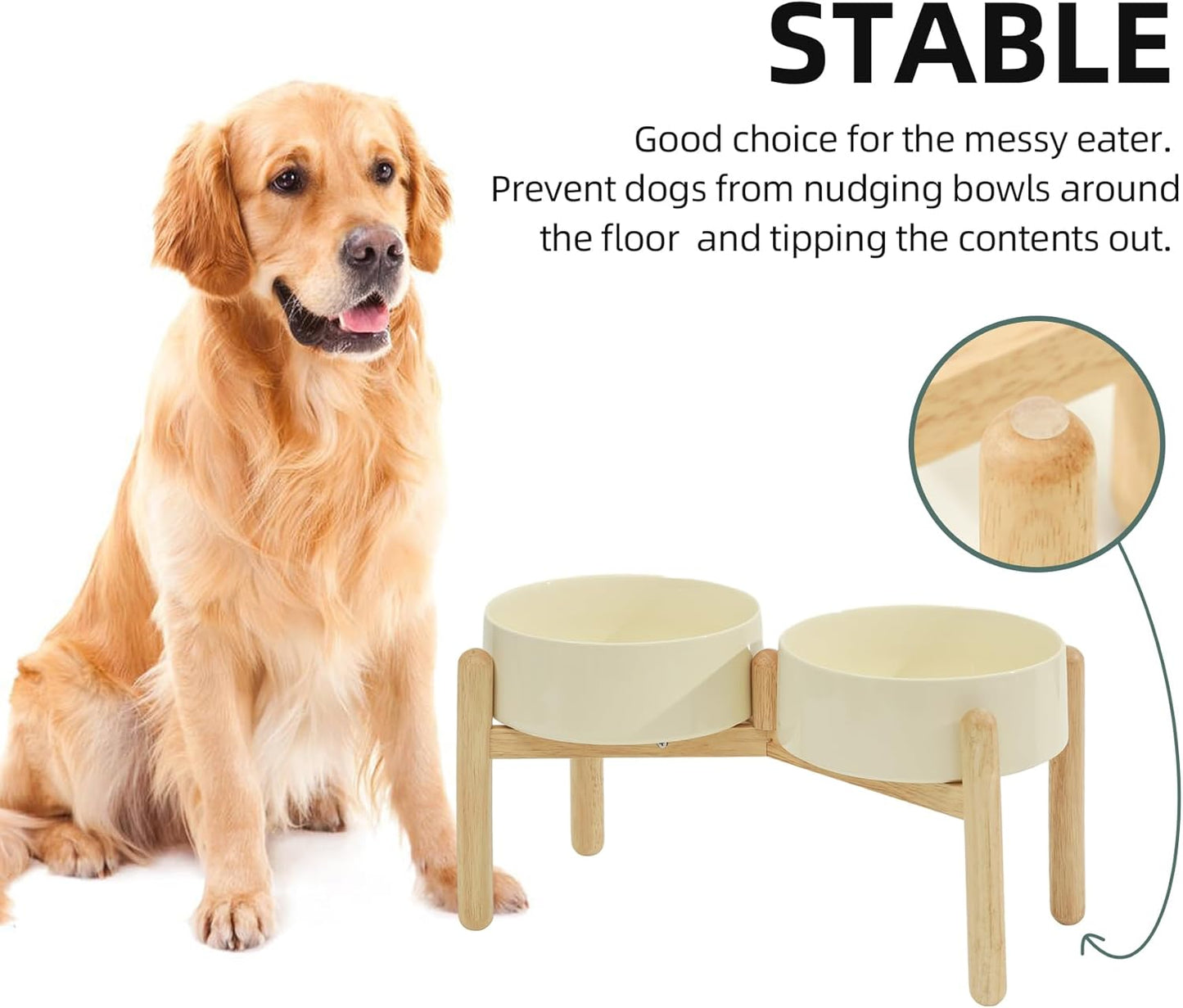 Ceramic 8.2inch Raised Dog Bowl with Stand for Large- Breed Dogs, Pet Food and Water Feeder (Double Bowl with Stand - Beige)