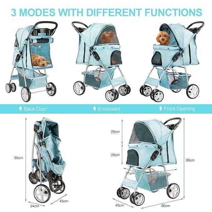 Pet Stroller for Small Dogs and CatsQuick-Folding Portable Travel Cat Dog Stroller with Storage Basket and Cup Holder, 4 Wheels, Light Blue