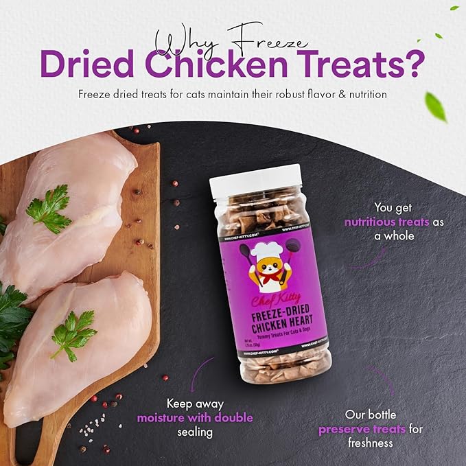 Chicken Hearts for Dogs | Cat Treats Freeze Dried, 100% Human Grade, Single Ingredient | High Protein Cat & Dog Food Toppers | No additives or Preservatives | Inspected & Tested in USA | 1.4 oz.