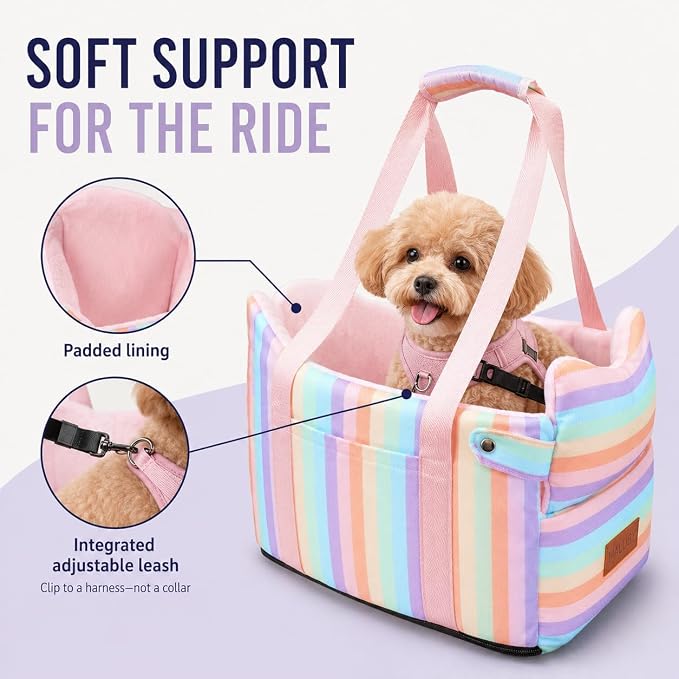 Dog Car Seat for Small Dogs 5-15 lbs, Pink Stripes | Center Console Puppy Booster and Portable Travel Bed, Anti-Collapse Design with Washable Fluffy Cushion