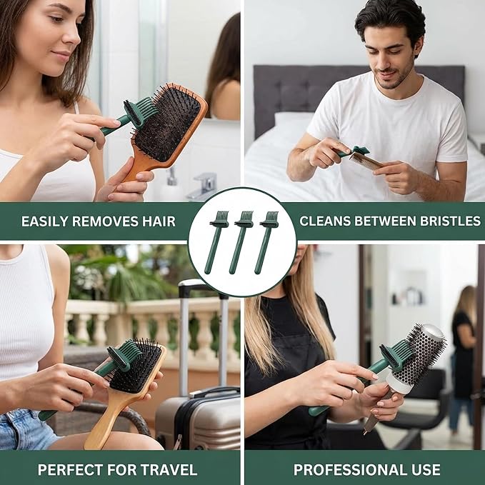 3 PCS Hair Brush Cleaner Tool, Comb and Hairbrush Cleaning Set, Efficient Hair Removal from Styling Tools, Professional Salon and Home Maintenance, Compact Green Cleaning Brushes for Travel ﻿