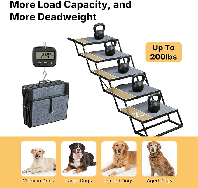 Veehoo Collapsible Dog Stairs for Large Dogs Car Truck SUV, Extra Wide 20" | 5 Steps Pet Ramp for Car Foldable Portable Dog Loader Ramps Ladder Folding Heavy Duty with Non Slip Surface, Up to 200lbs