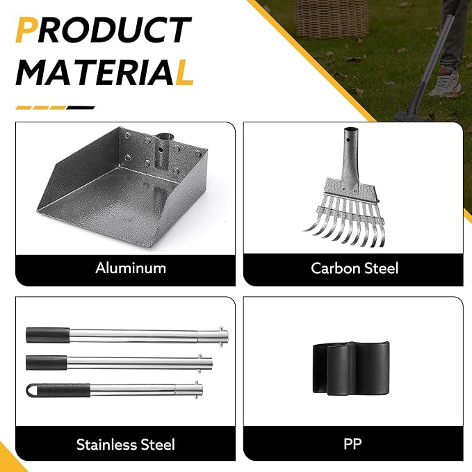 Adjustable Metal Dog Pooper Scooper Tray and Rake Set for Pet Waste Removal | Adjustable Stainless Steel Long Handle, Light Weight Aluminum Tray,Durable Carbon Steel Rake,For Medium Small Dogs