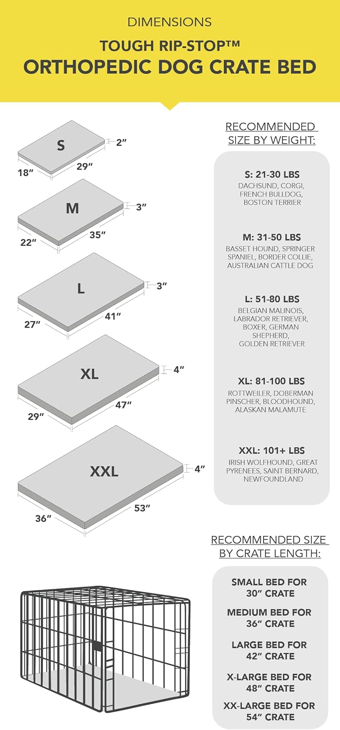 K9 Ballistics Tough Rip-Stop Orthopedic Dog Crate Bed - Durable, Removable, and Washable Cover, Kennel Crate Pad Fits in Crate, X-Large 47"x29", Standstone