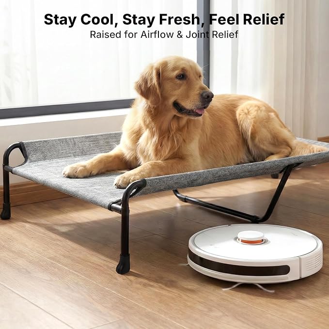 Veehoo Outdoor Dog Bed, 53" XXL Raised Dog Bed, Elevated Dog Bed with Headrest, Washable Cooling Dog Cot with Non-Skid Feet, Breathable Mesh, Portable Pet Hammock for Indoor or Camping, Black Silver