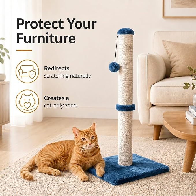 Dimaka 34" Height Tall Cat Scratching Post, Claw Scratcher with Sisal Rope and Covered with Soft Smooth Plush, Vertical Scratch [Full Strectch] Cats (Blue, 34 inches for Large Cats)