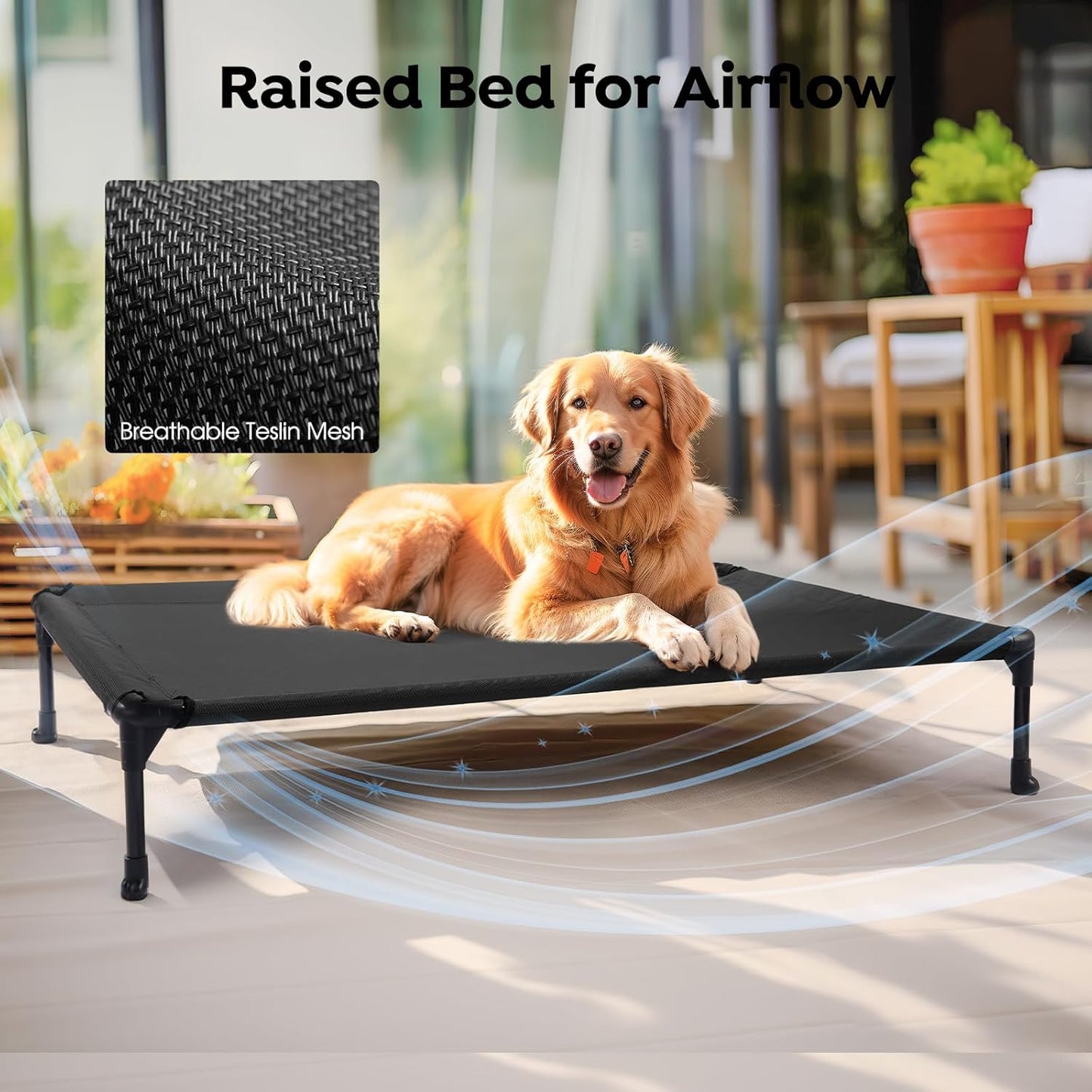 Veehoo Portable Raised Dog Cot, Cooling Elevated Pet Bed with Washable & Breathable Mesh, No-Slip Feet, Durable Dog Cot for Large Dogs, 42" x 30", Black