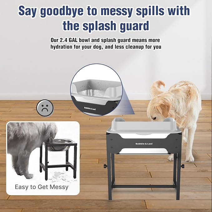 Bobbie & Laxi Adjustable Elevated Dog Bowl, 2.5 Gal Splash Guard, 4 Heights | 4 Adjustable Heights, Built-In Splash Guard; Non-Slip Stainless Steel for Large & Medium Dogs