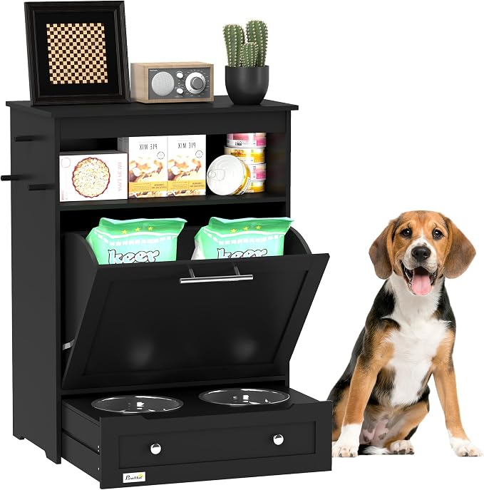 PawHut Dog Feeding Station with Raised Bowls, Pet Feeder Station, Black | Dog Food Storage Cabinet, Hanger for Feeding & Watering Supplies