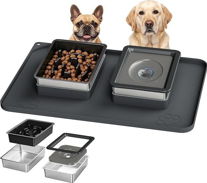 Dog Bowl Set, No Spill Dog Water and Food Bowl with Slow Feeder | Large Capacity 304 Stainless Steel Bowls, 3-In-1 Set, Slow Drinking, Anti-Slip Mat, Easy to Clean, Home/Travel, 6-7 Cups