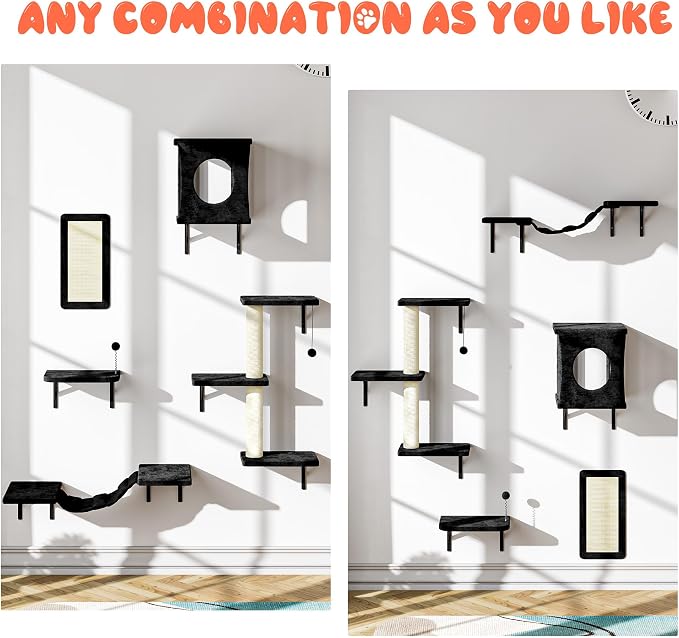 5 Pcs Cat Wall Shelves Set, Wall-Mounted Climber with Cat House, Scratching Post, Bridge, Hammock, Space-Saving Play Furniture, Black