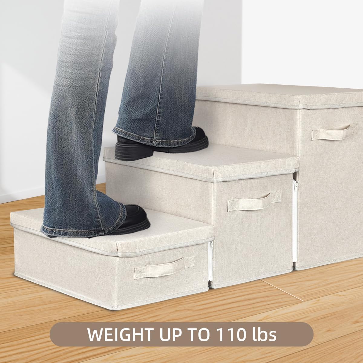 Pet Stairs with Storage, Pet Step for Small Dogs and Cats, 3-Step Folding Pet Steps with Zip, Cat Stairs Dog Steps for Bed, Couch and Car Ramp (Beige, 3 Steps no Condo)