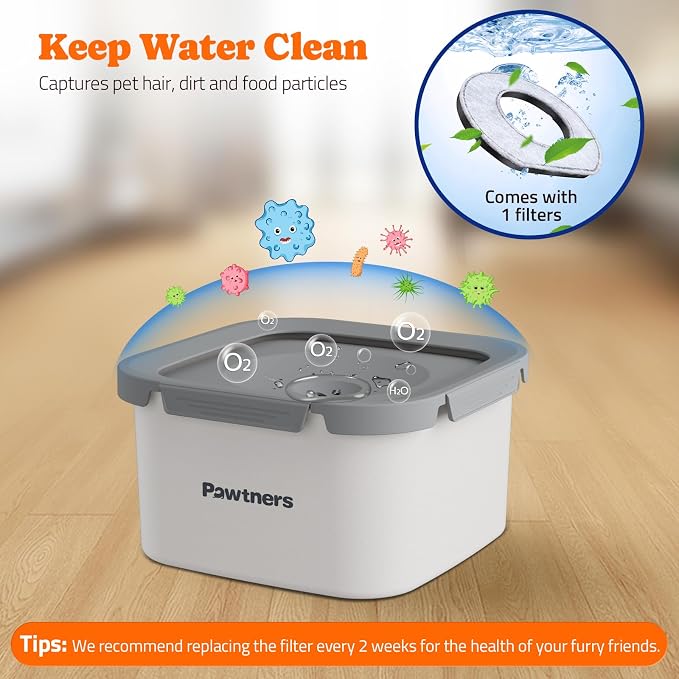Pawtners Dog Water Bowl No Spill, 152oz/4.5L Stainless Steel Dog Floating Bowl, Slow Water Bowl for Dog with Filter, Non-Slip Base, No Splash Water Bowl for Medium Large Messy Drinkers White