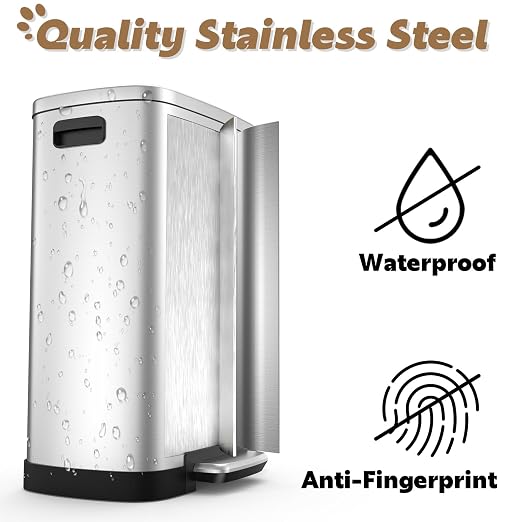 Dog Poop Trash Can Outside, 50L/13 Gal Waterproof & Odor Control Outdoor Trash can, Stainless Steel Dog Waste Container with Foot Pedal & Lid, Heavy-Duty Pet Poop Bucket for Patio（Silver）