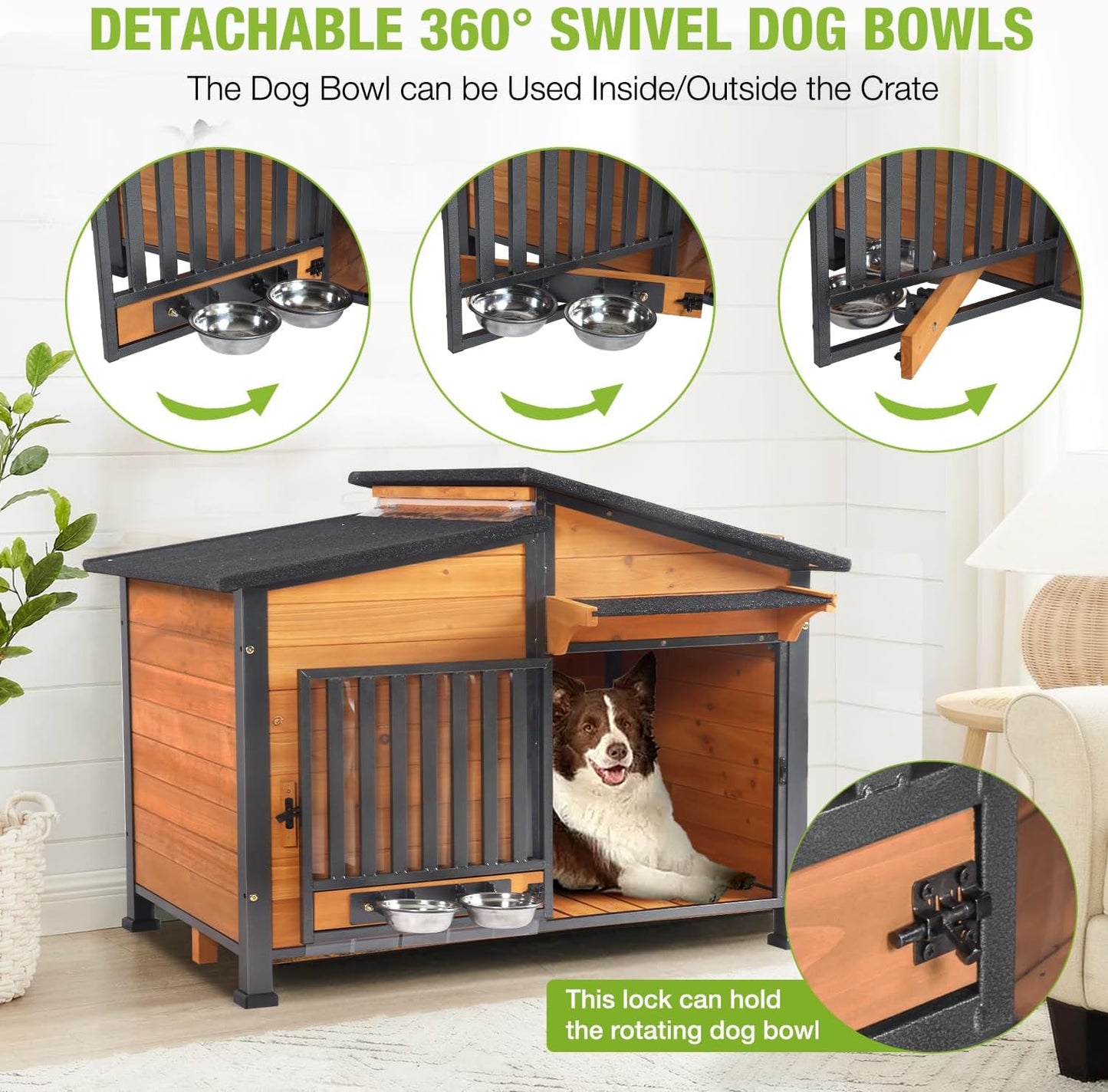Dog House Outdoor with Bowls Weatherproof Dog Kennel with Anti-Chewing Iron Frame Dog Shelter for Small Medium Dogs