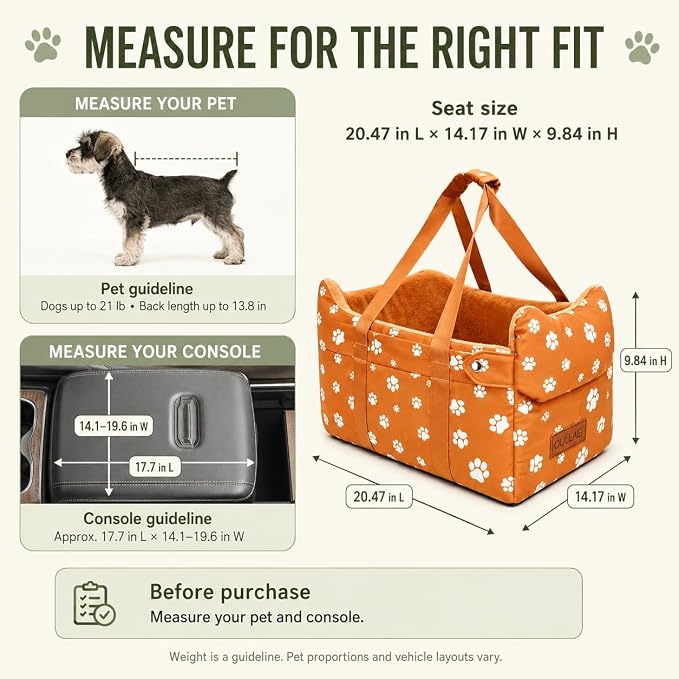 Center Console Dog Car Seat for Medium Dogs, Orange | Portable Armrest Booster With Soft Cushion Safety Belt, Up To 21 Lbs
