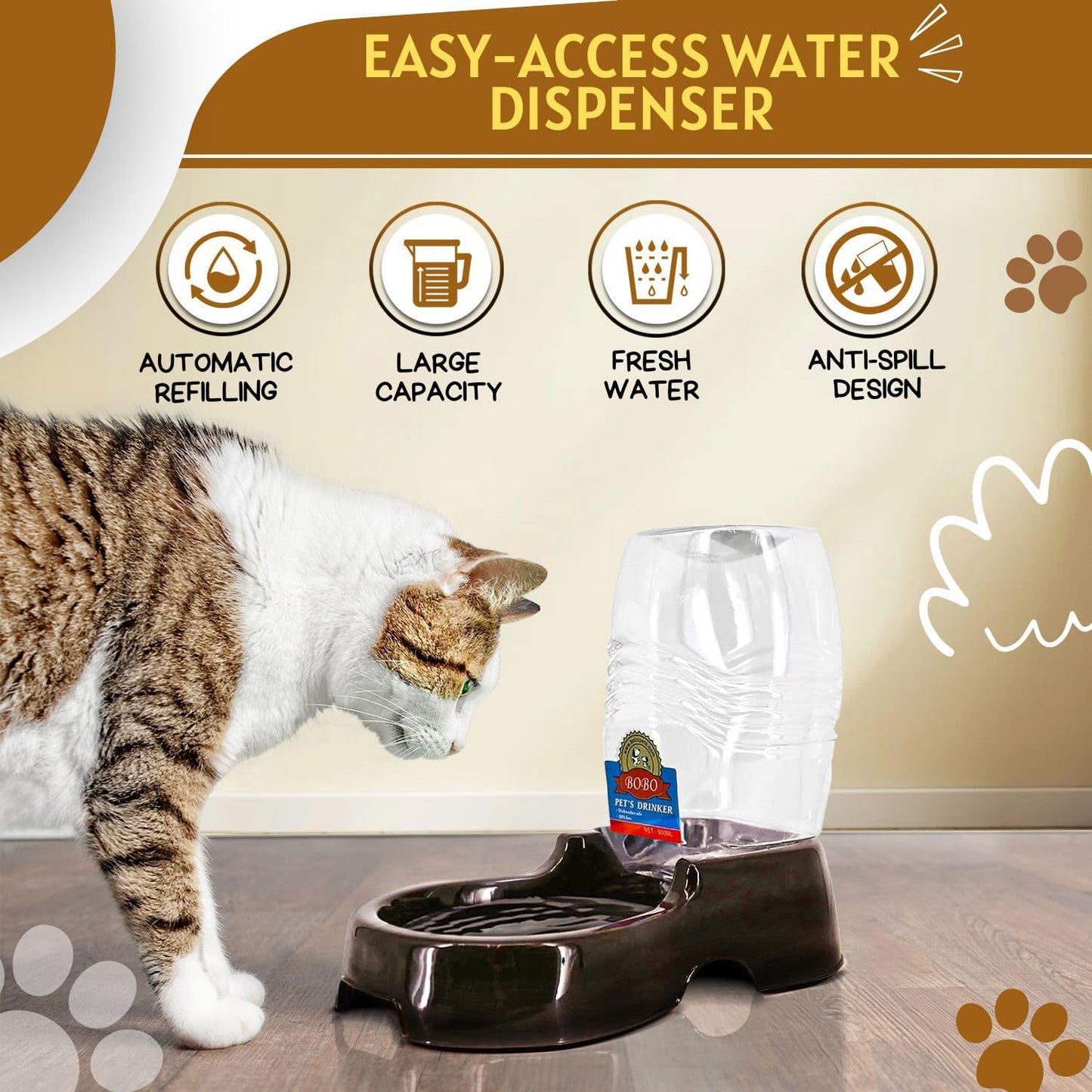 Flexzion Automatic Gravity Pet Waterer for Cat & Dog - Non-Skid & Easy-Clean Auto Replenish Water Dispenser Drinking Bowl (3/8 Gallon / 1.5L), Black