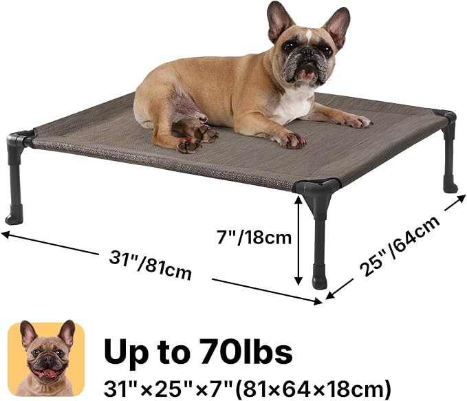 Veehoo Outdoor Elevated Dog Bed for Medium Dogs, Cooling Raised Dog Cots | Off-ground training platform, portable camping hammock, breathable mesh, easy to clean, no-tool setup, 32"x25", Brown
