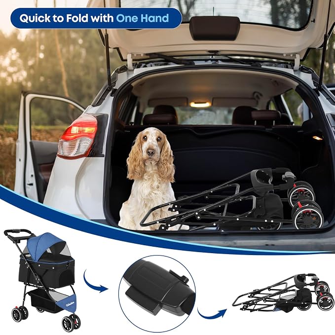 Pet Stroller,Dog Stroller for Small Medium Dogs Cats,3 Wheels,Foldable,with Breathable Mesh Canopy,Cup Holders,Easy Assembly (Blue+Black)