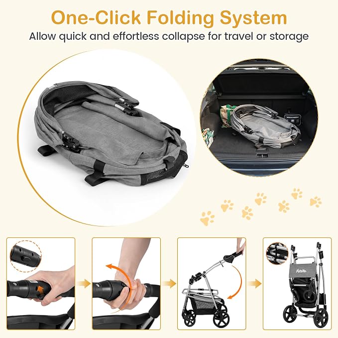 PETSITE 3-in-1 Pet Stroller for Small Medium Dogs, One-Click Foldable Dog Stroller with Detachable Carrier, Cup Holder & Storage Basket, Safety Leash, One-Step Rear Brake, Breathable Window (Grey)
