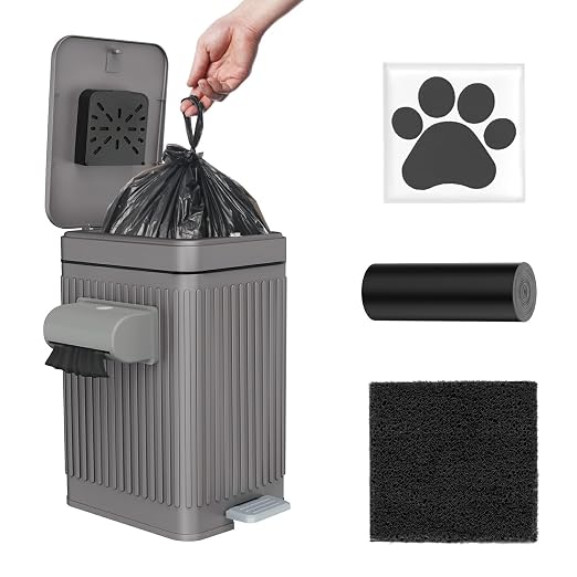 Dog Poop Trash Can for Outside & Indoor, 5L/1.3Gal Small Pet Waste Bin with Odor Control Carbon Filter Lid, 2-Way Open (Step & Press Top), Dog Waste Container with Bag Holder, Grey
