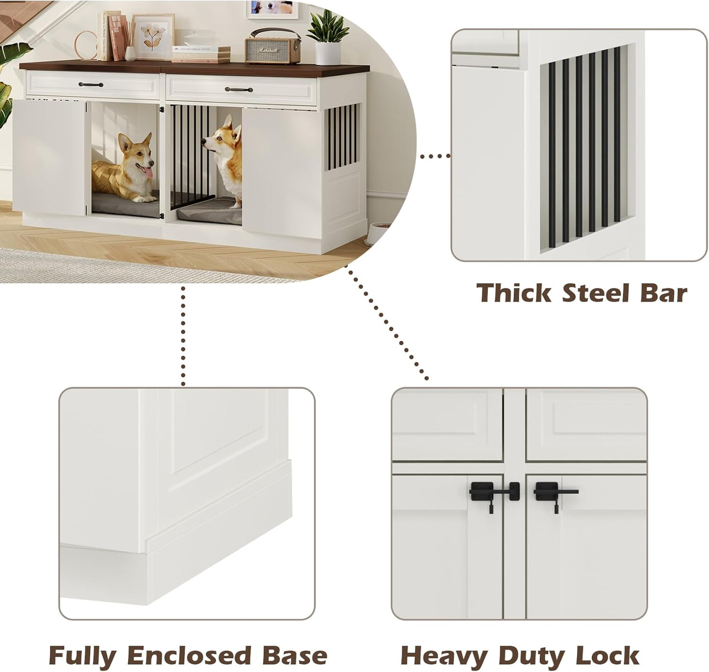 Large Dog Crate Furniture - Wooden Indoor Dog Kennel Furniture for 2 Dogs with 2 Drawers and Removable Divider, Heavy Duty Dog Crate Table, 63" L x 23.6" W x 31.5" H, White