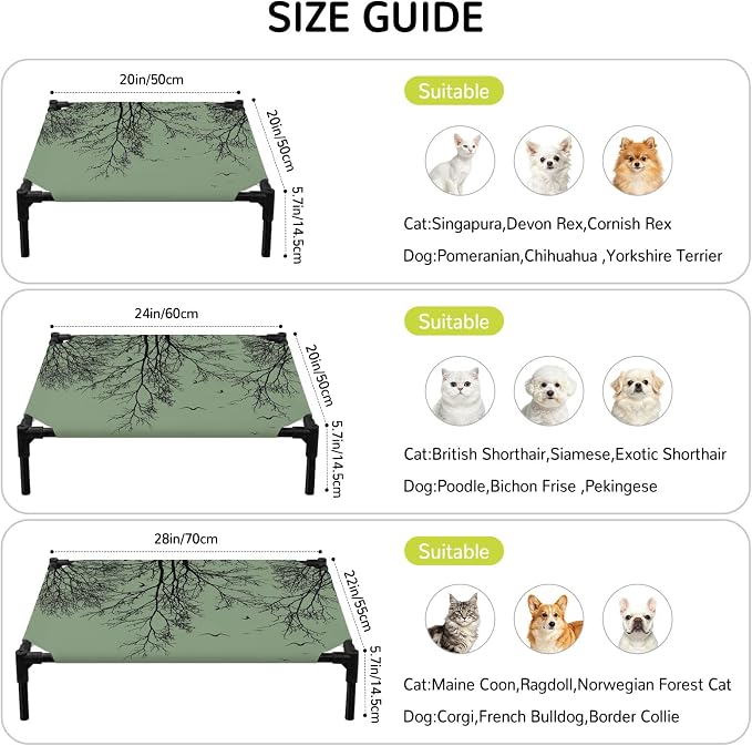 Outdoor Elevated Dog Bed for Medium Dogs, Green Black Branches Breathable Cooling Raised Dog Cot for Indoor/Outdoor, Botanical Dead Tree Birds Waterproof Elevated Pet Beds, M 24 x 20 in