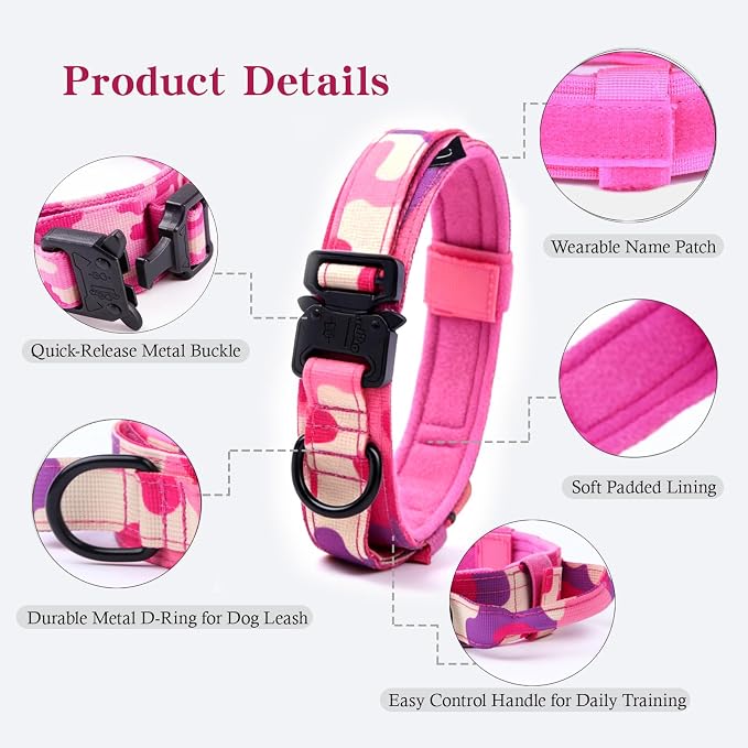 Tactical Dog Collar and Leash Set for Large Dogs with Handle,Pink Camo,XXL | 1000D Heavy-Duty Nylon Fabric,Quick-Release Metal Buckle,Adjustable Fit,Soft-Padded Webbing,D-Ring,for Training & Hiking
