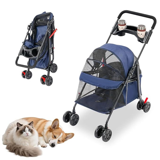 Pet Stroller for Small Medium Dogs Cats, Lightweight Foldable Pet Wagon with 360° Front Wheels & Brake, 40 lbs Capacity Carrier for Park Travel Shopping, Breathable Mesh Basket (Navy Blue)