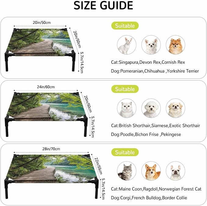 Outdoor Elevated Dog Bed for Medium Dogs, Nature Scenery Breathable Cooling Raised Dog Cot for Indoor/Outdoor, Forest Walkway Lake Trees Spring View Waterproof Elevated Pet Beds, M 24 x 20 in