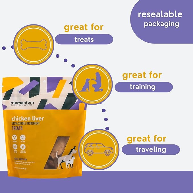 Momentum Carnivore Nutrition Freeze-Dried Chicken Liver Dog Treats & Cat Treats – Single-Ingredient, High-Protein, Grain-Free, Naturally Flavorful – Made in USA – 3.5 oz Bag