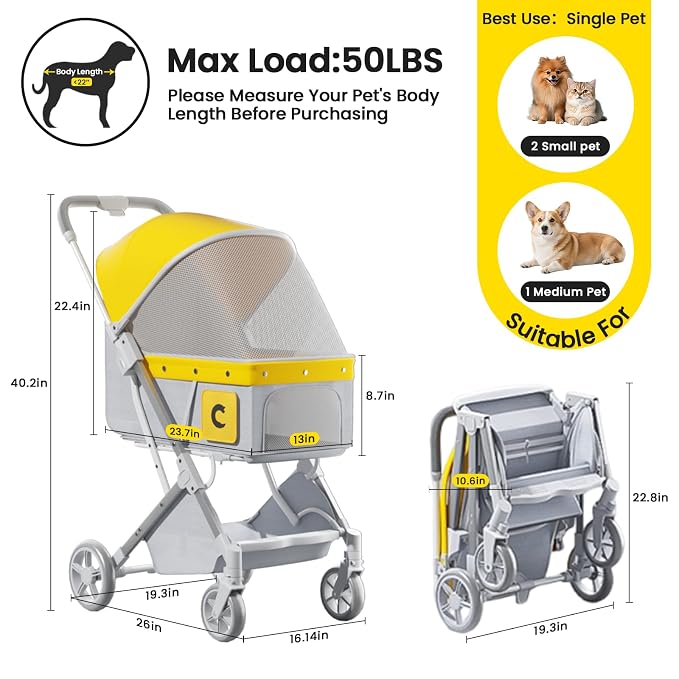 Dog Strollers for Small Medium Dogs 50 lbs,4 Wheels All-Terrain Cat Stroller,One-Click Folding Pet Stroller,Breathable Mesh,Storage Basket(Yellow)