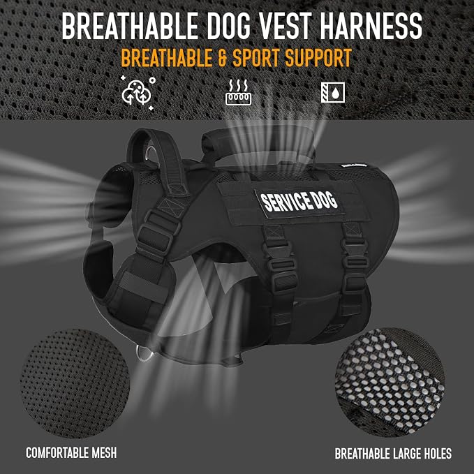 Service Dog Vest for Large Dogs, Black Tactical Harness with Military MOLLE, Breathable Mesh & 39g Metal Buckle - Size M for Training & Hiking
