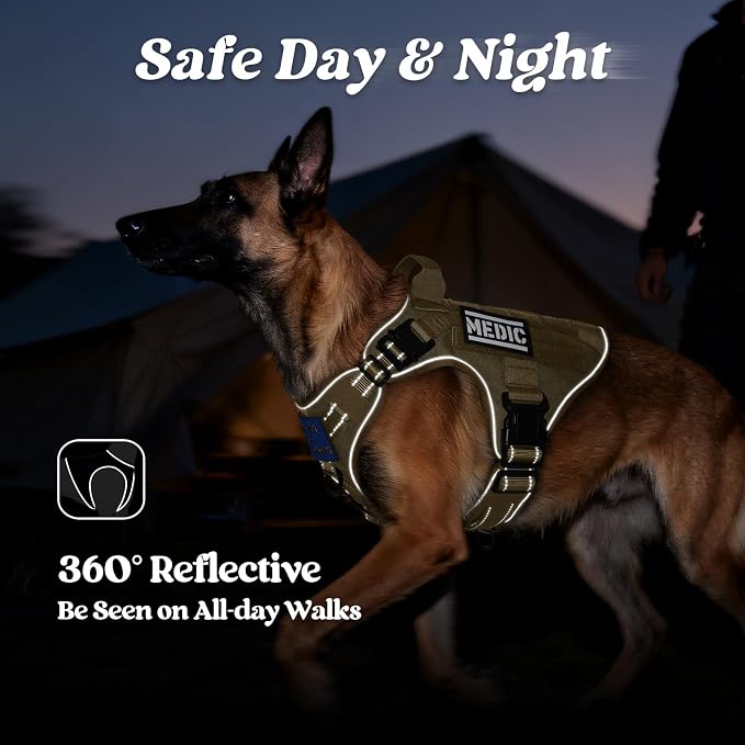 rabbitgoo Tactical Dog Harness for Medium, Heavy Duty Military No Pull Vest | Sturdy Metal Buckles, 5 Adjustments, Molle System, Powerful Pullers for Training, Hunting, Outdoor, Brown Reflex, Medium