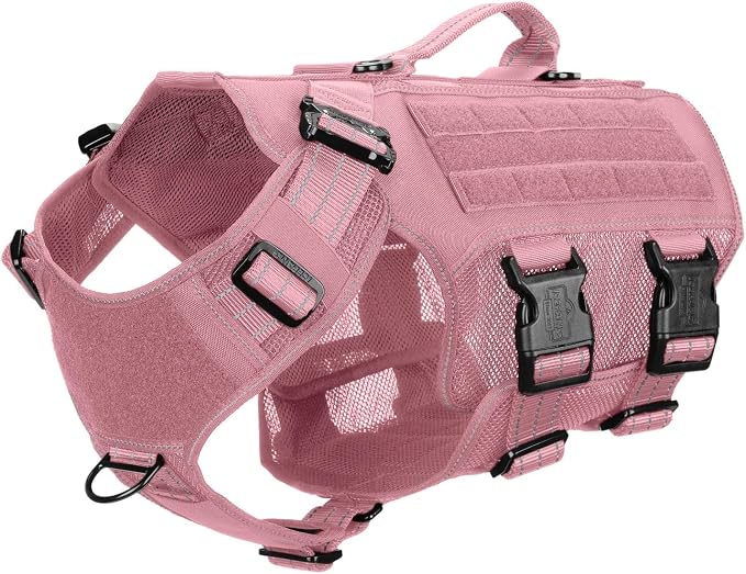 ICEFANG Tactical Mesh Dog Harness X-Large Dogs,Reflective Dog Molle Vest | Summer-Cooling, Control Handle,Adjustable,Front Hook,3 Leash Clips,Soft Padded,No Pull,Pink,X-Large