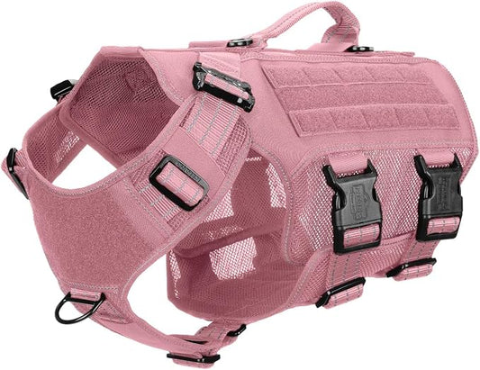 ICEFANG Tactical Mesh Dog Harness for Large Dogs,Reflective Dog Molle Vest | Summer-Cooling, Control Handle,Adjustable,Front Hook,3 Leash Clips,Soft Padded,No Pull,Pink,Large