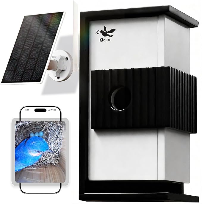 Kicari Bird House with Camera 2K HD, Solar & Battery Powered, Dual Night Vision, PIR Motion Sensor, Two-Way Audio, WiFi App Control, Weatherproof Wooden Smart Bluebird Nest Box for Outdoor Use, Gray