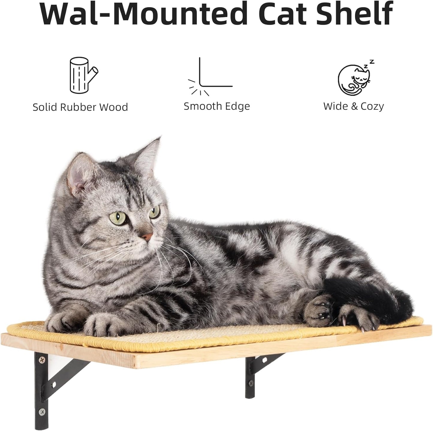 Meowoou Cat Wall Shelf with Sisal Mat, Wall Mounted Rubber Wood Cat Wall Furniture, Cats Climbing Steps for Wall, Cats Window Perches for Sleeping, Playing and Scratching