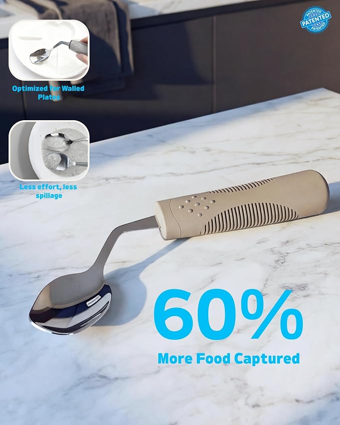 Adaptive Utensils 4-Piece Set | Weighted Silverware for Hand Tremors & Parkinson's | 42° Angled Rocker Knife & Shovel Spoon | 140g Weighted Utensils for Arthritis, Elderly (Grey,