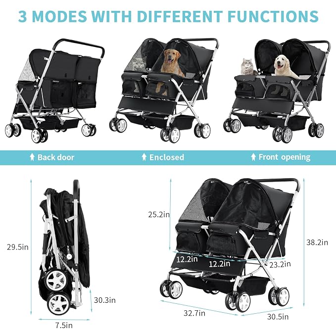 Double Pet Stroller for 2 Dogs & Cats, Side-by-Side, Black | Foldable Two-Seater with Separate Cabins, 44 lb Capacity, Dual Baskets and Safety Tethers for Walks, Travel and Vet Visits