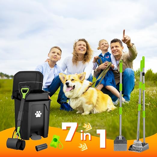 20L Dog Poop Trash Can Outside, Dog Waste Container with Pooper Scooper | Foot-pedal lid, removable inner bucket, metal rake, shovel & dustpan, bone bag dispenser with 5 waste bag rolls for yard.