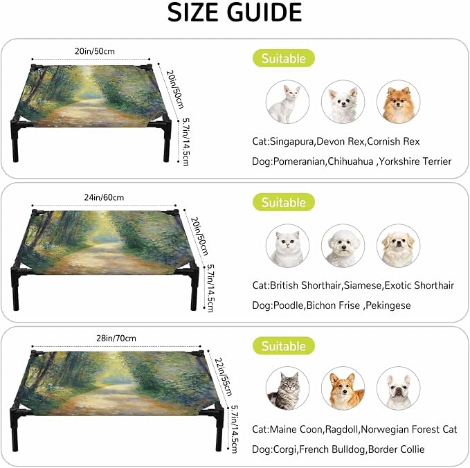Outdoor Elevated Dog Bed for Small Dogs, Country Forest Breathable Cooling Raised Dog Cot for Indoor/Outdoor, Farmhouse Trees Plants Nature Scenery Waterproof Elevated Pet Beds, S 20 x 20 in